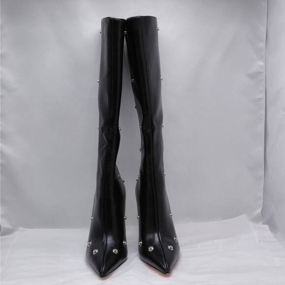 Black Studded Knee High Pointed Toe Stiletto Heel Boots Womens 7.5 Edgy Chic - Picture 3 of 9